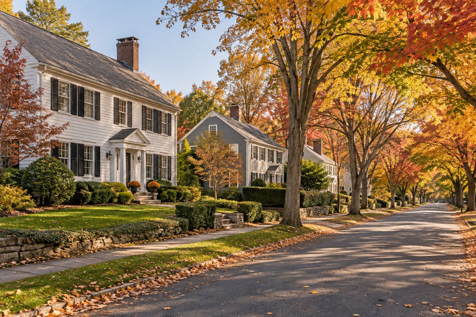 A Connecticut street lined with fall color, illustrative