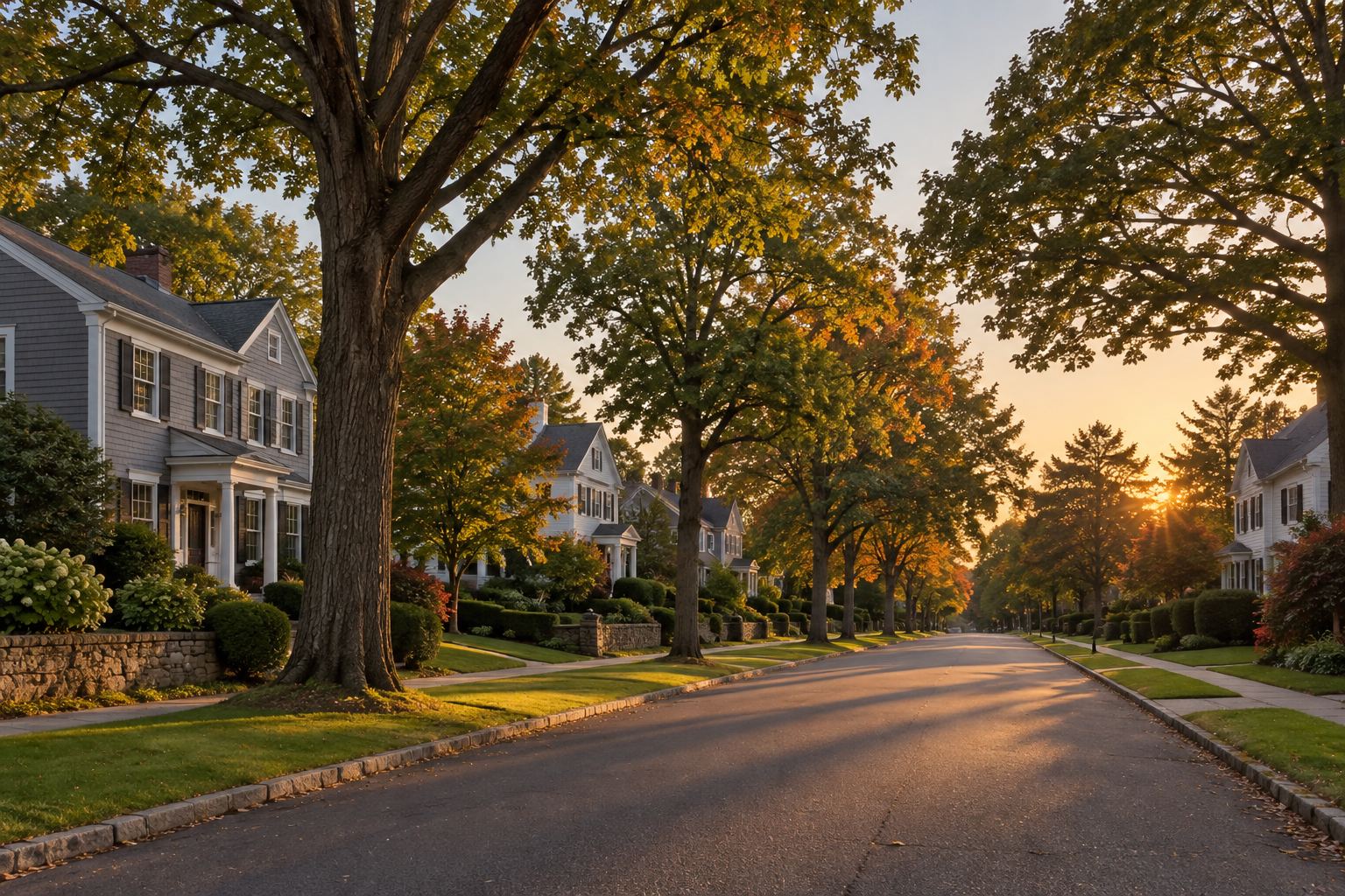 A Connecticut street at golden hour, illustrative