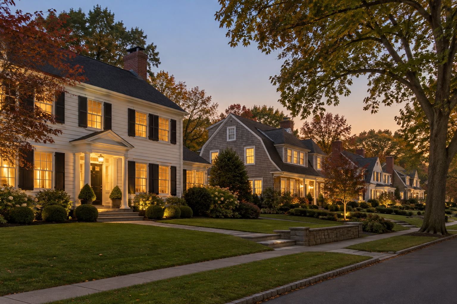 A Connecticut colonial at dusk, illustrative