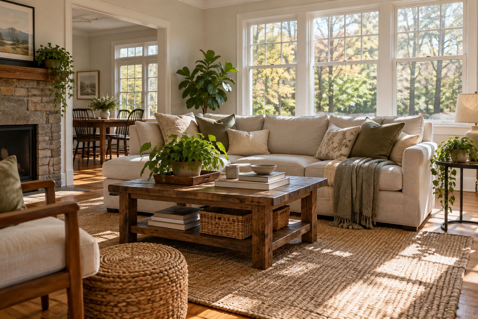 A cozy Connecticut living room, illustrative