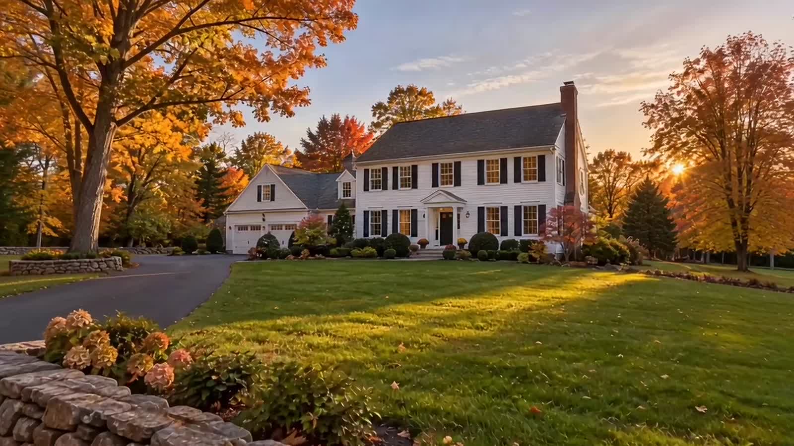 A Connecticut colonial on a tree lined street in autumn, illustrative